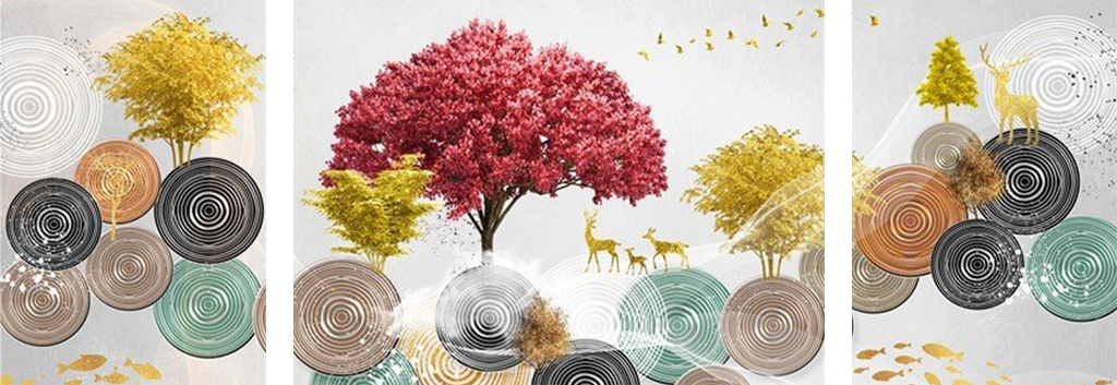 TRANH TREO TƯỜNG PHÒNG KHÁCH - TRANH HƯƠU TÀI LỘC GHÉP BỘ 3 BỨC | MÃ T2HD45