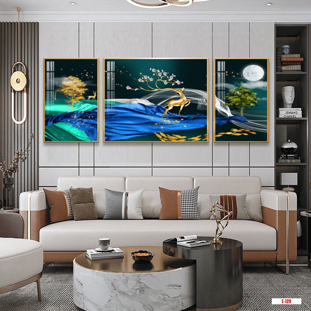 TRANH TREO TƯỜNG PHÒNG KHÁCH - TRANH HƯƠU TÀI LỘC GHÉP BỘ 3 BỨC | MÃ E-129