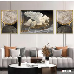 BST84 - TRANH TREO TƯỜNG KHUNG HỢP KIM TITAN - TRANG TRÍ PHÒNG KHÁCH, SAU SOFA - CHỦ ĐỀ TRANH NGỰA HIỆN ĐẠI - GHÉP BỘ 3 BỨC