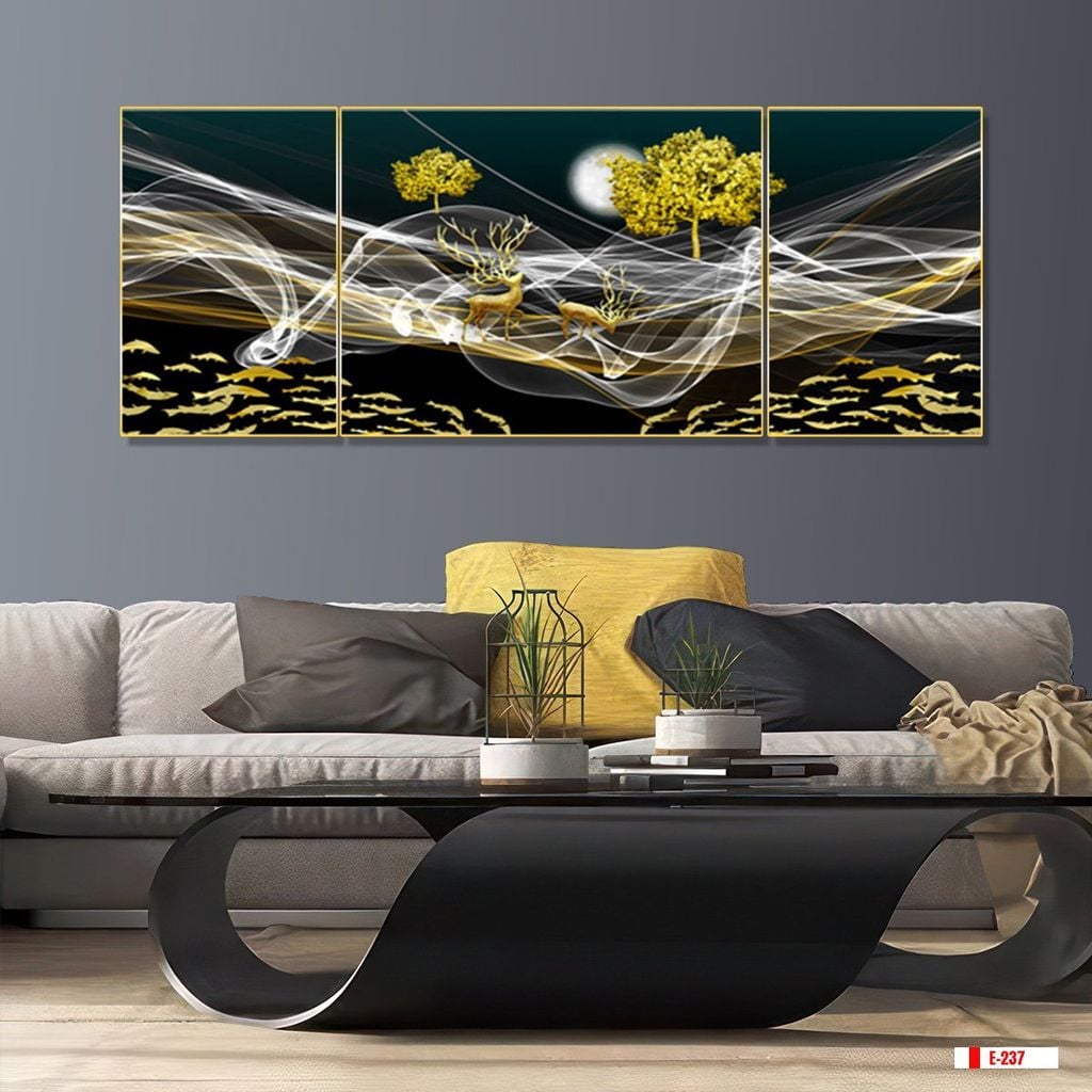 TRANH TREO TƯỜNG PHÒNG KHÁCH GHÉP BỘ 3 BỨC - TRANH HƯƠU TÀI LỘC | MÃ E-237