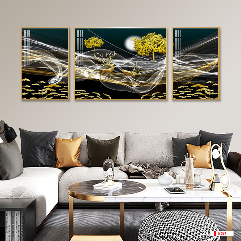 TRANH TREO TƯỜNG PHÒNG KHÁCH GHÉP BỘ 3 BỨC - TRANH HƯƠU TÀI LỘC | MÃ E-237