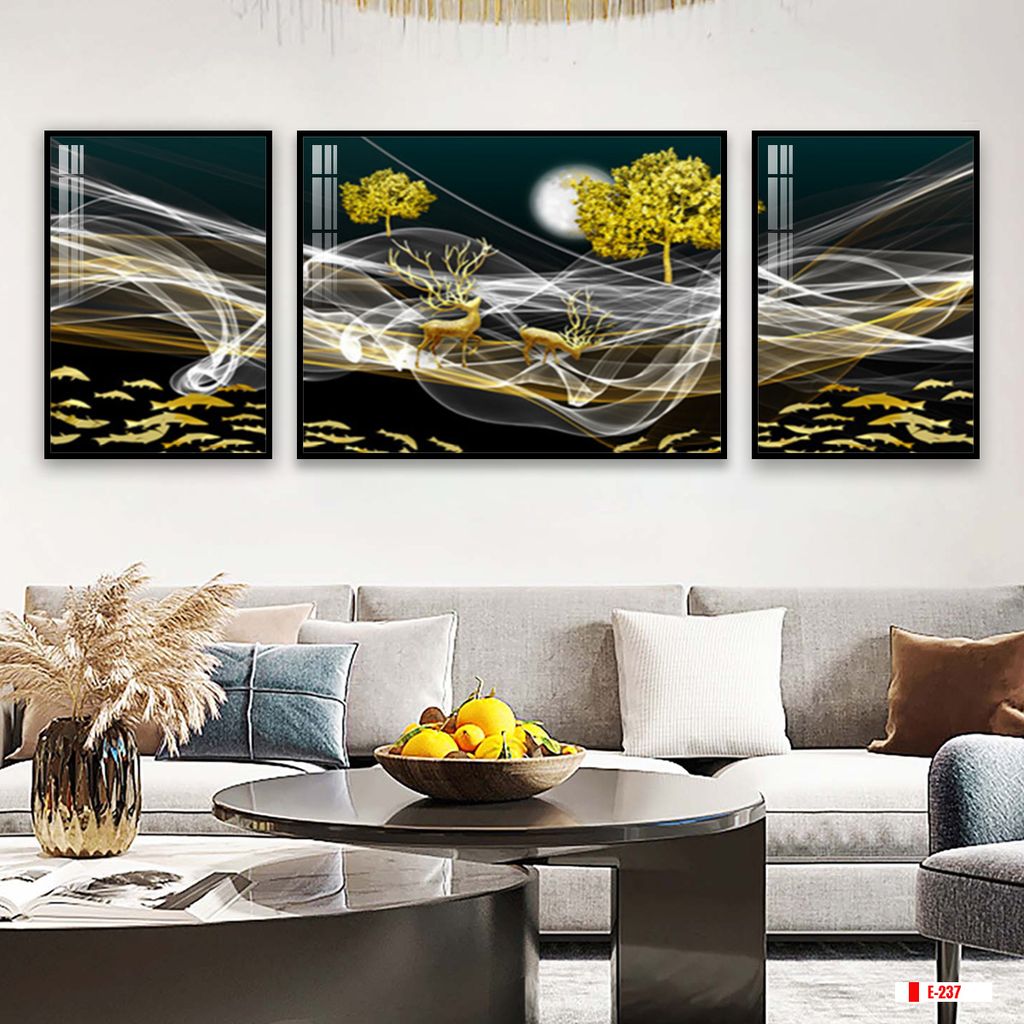 TRANH TREO TƯỜNG PHÒNG KHÁCH GHÉP BỘ 3 BỨC - TRANH HƯƠU TÀI LỘC | MÃ E-237