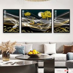 TRANH TREO TƯỜNG PHÒNG KHÁCH GHÉP BỘ 3 BỨC - TRANH HƯƠU TÀI LỘC | MÃ E-237