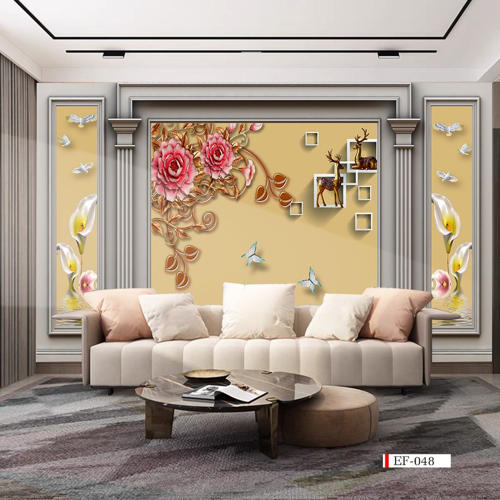 TRANH VẢI DÁN TƯỜNG 3D PHÒNG KHÁCH - TRANH HOA 3D | MÃ EF-048
