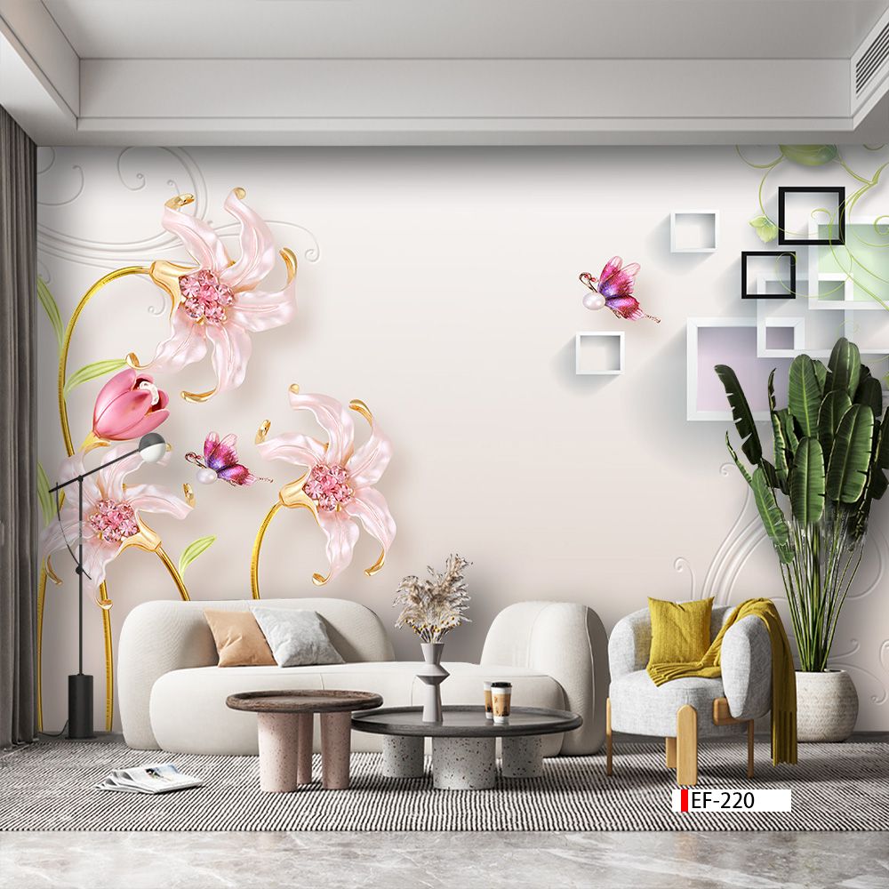TRANH VẢI DÁN TƯỜNG 3D PHÒNG KHÁCH - TRANH HOA 3D | MÃ EF-220