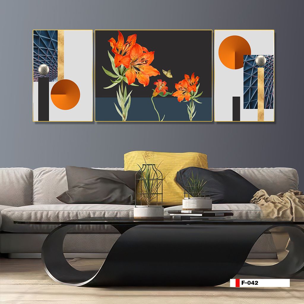 TRANH TREO TƯỜNG PHÒNG KHÁCH - TRANH HOA 3D GHÉP BỘ 3 BỨC | MÃ F-042