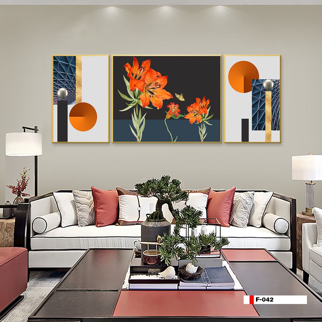 TRANH TREO TƯỜNG PHÒNG KHÁCH - TRANH HOA 3D GHÉP BỘ 3 BỨC | MÃ F-042