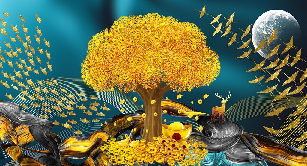 TRANH TREO TƯỜNG PHÒNG KHÁCH - TRANH KIM TIỀN HƯƠU TÀI LỘC LIỀN KHỔ | MÃ F-093