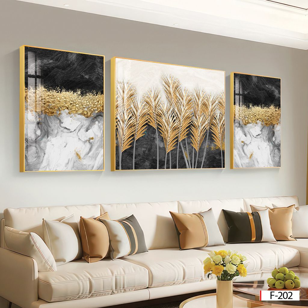 BST142 - TRANH TREO TƯỜNG KHUNG HỢP KIM TITAN - TRANG TRÍ PHÒNG KHÁCH, SAU SOFA - CHỦ ĐỀ HIỆN ĐẠI TRỪU TƯỢNG - GHÉP BỘ 3 BỨC