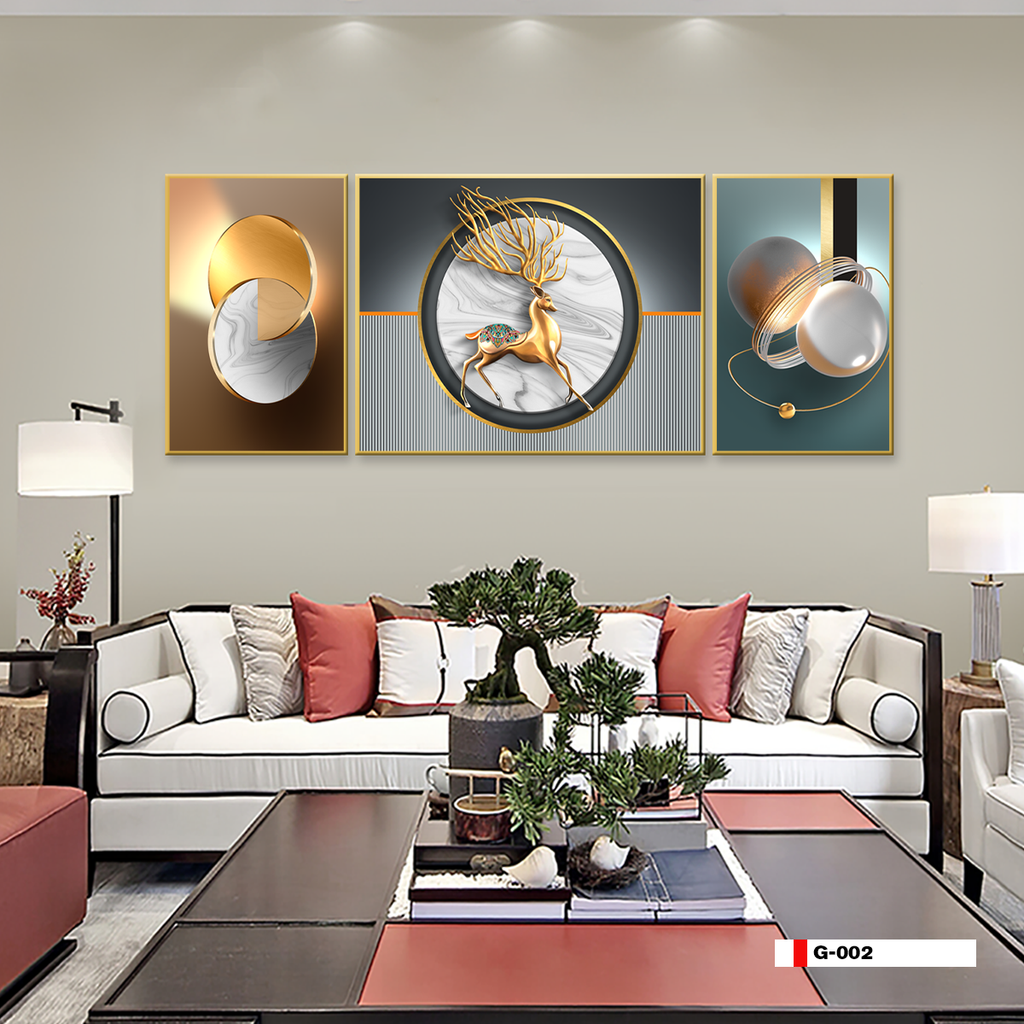 TRANH TREO TƯỜNG PHÒNG KHÁCH - TRANH HƯƠU TÀI LỘC GHÉP BỘ 3 BỨC | MÃ G-002
