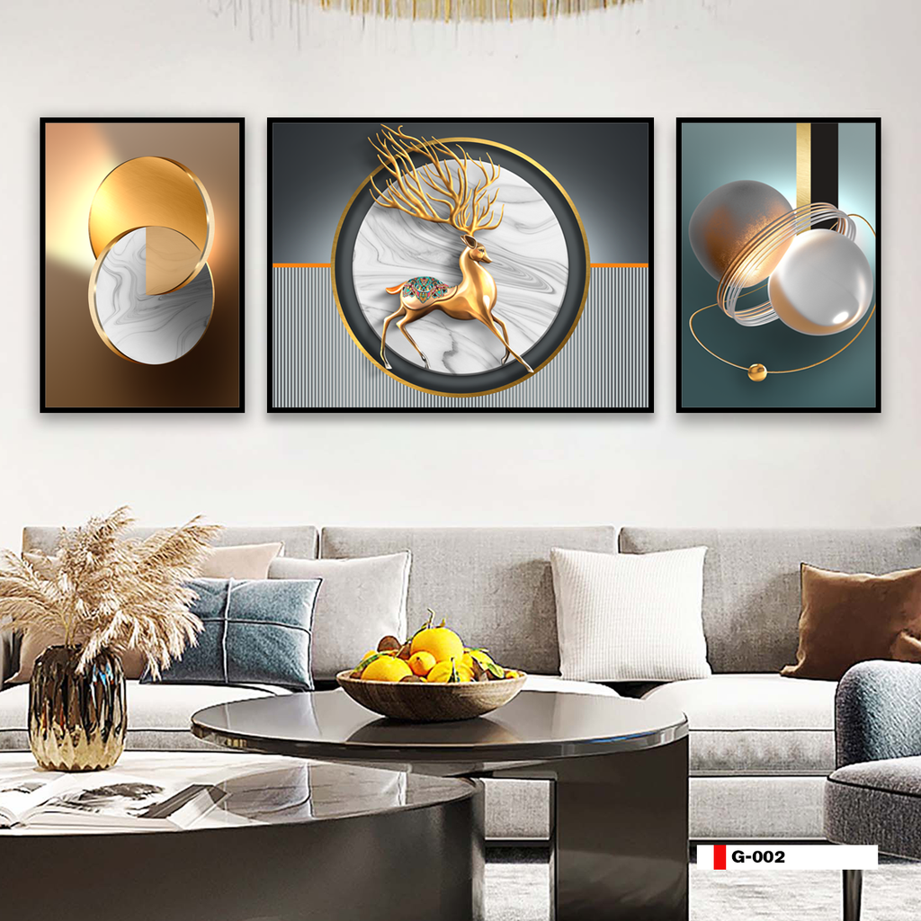 TRANH TREO TƯỜNG PHÒNG KHÁCH - TRANH HƯƠU TÀI LỘC GHÉP BỘ 3 BỨC | MÃ G-002