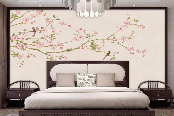 TRANH VẢI DÁN TƯỜNG 3D PHÒNG NGỦ, PHÒNG KHÁCH - TRANH DÁN TƯỜNG HOA 3D - HOA ĐÀO - INDOCHINE KHỔ LỚN | MÃ GF-409