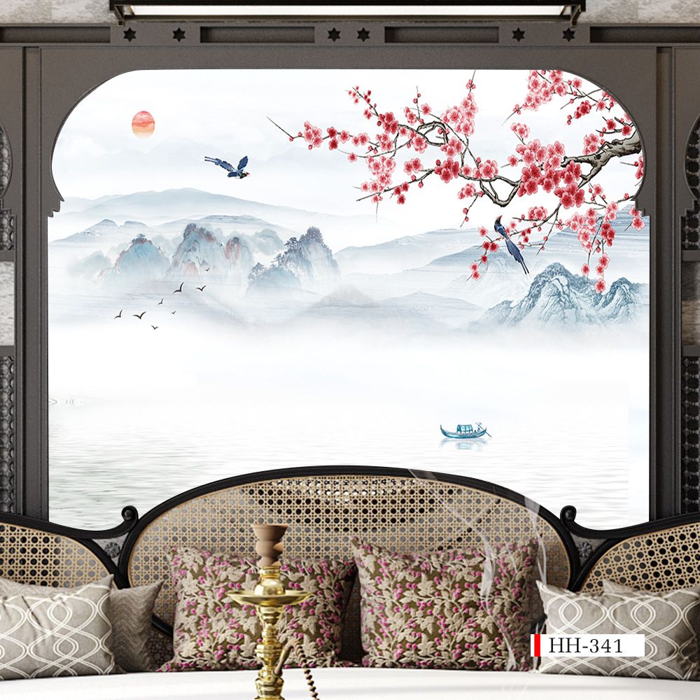 BST159 - TRANH DÁN TƯỜNG 3D - PHÒNG NGỦ - TRANH VẢI HOA 3D - HOA ĐÀO - INDOCHINE