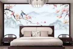 TRANH VẢI DÁN TƯỜNG 3D PHÒNG NGỦ, PHÒNG KHÁCH - TRANH DÁN TƯỜNG HOA 3D - HOA ĐÀO - INDOCHINE KHỔ LỚN | MÃ HH-344
