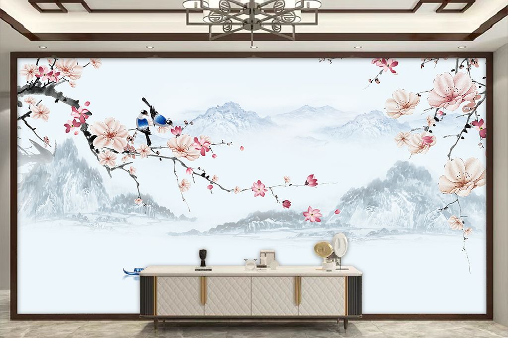 TRANH VẢI DÁN TƯỜNG 3D PHÒNG NGỦ, PHÒNG KHÁCH - TRANH DÁN TƯỜNG HOA 3D - HOA ĐÀO - INDOCHINE KHỔ LỚN | MÃ HH-344