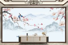 TRANH VẢI DÁN TƯỜNG 3D PHÒNG NGỦ, PHÒNG KHÁCH - TRANH DÁN TƯỜNG HOA 3D - HOA ĐÀO - INDOCHINE KHỔ LỚN | MÃ HH-344