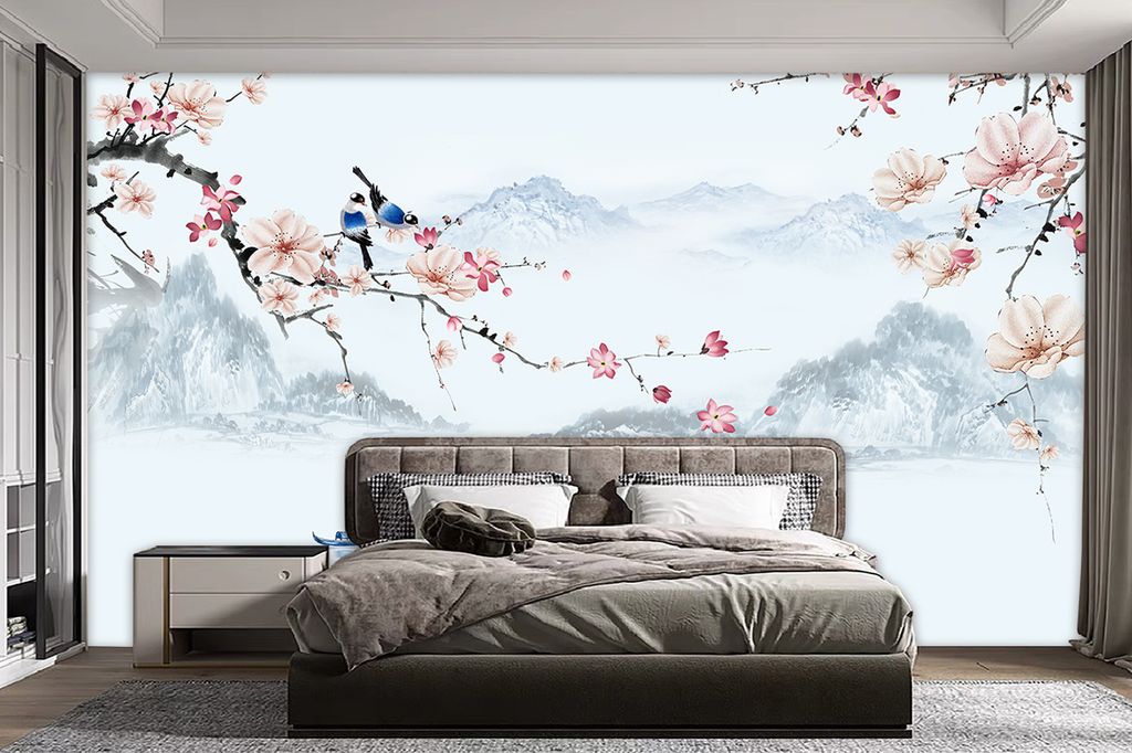 TRANH VẢI DÁN TƯỜNG 3D PHÒNG NGỦ, PHÒNG KHÁCH - TRANH DÁN TƯỜNG HOA 3D - HOA ĐÀO - INDOCHINE KHỔ LỚN | MÃ HH-344