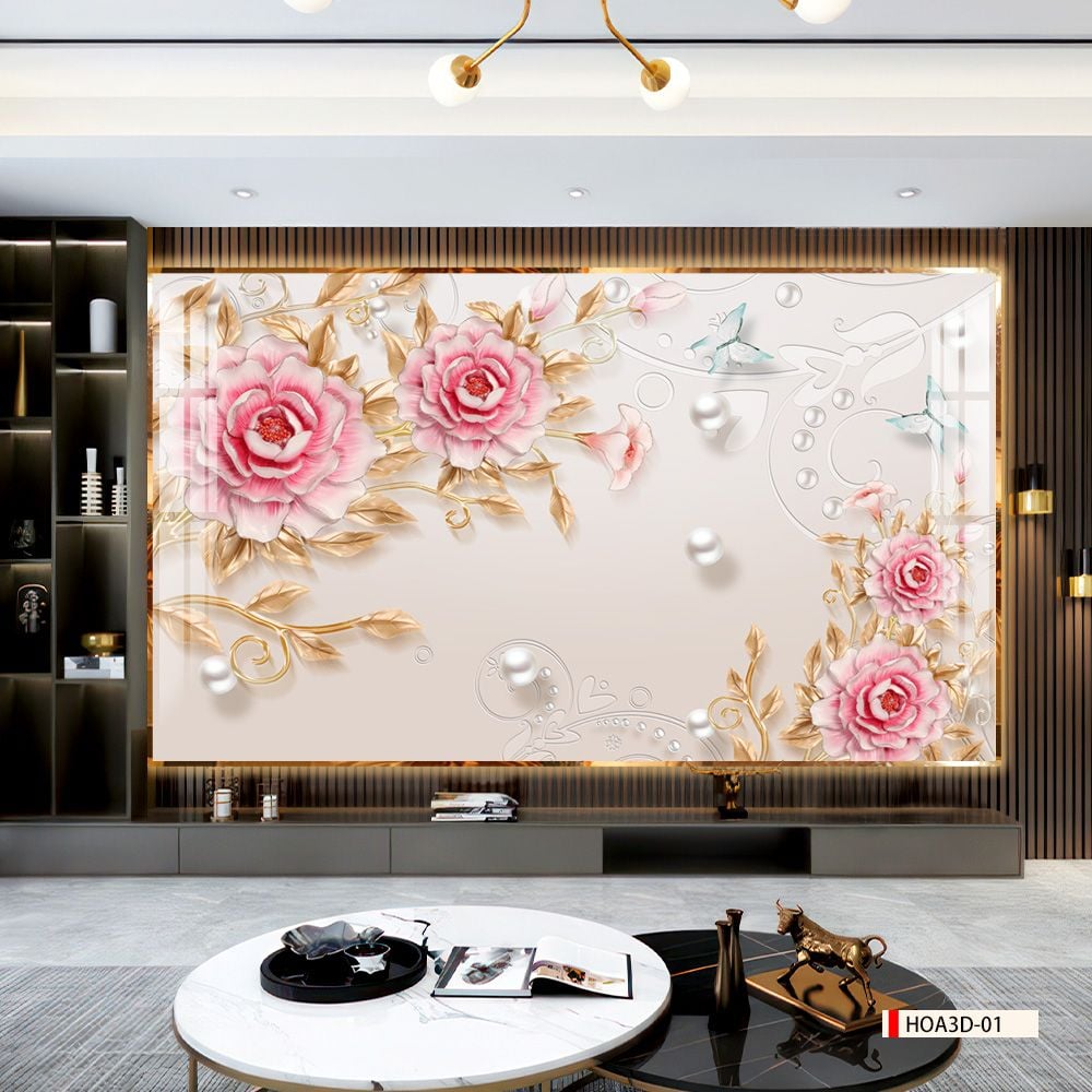TRANH PVC ỐP TƯỜNG - VÁCH TRANG TRÍ TIVI PHÒNG KHÁCH - TRANH VÂN ĐÁ HOA 3D | MÃ Hoa3D-01