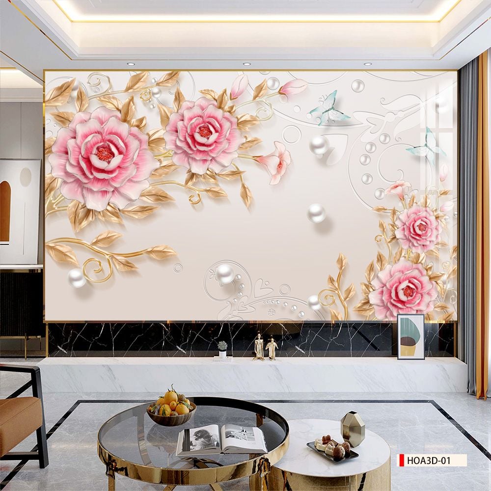 TRANH PVC ỐP TƯỜNG - VÁCH TRANG TRÍ TIVI PHÒNG KHÁCH - TRANH VÂN ĐÁ HOA 3D | MÃ Hoa3D-01