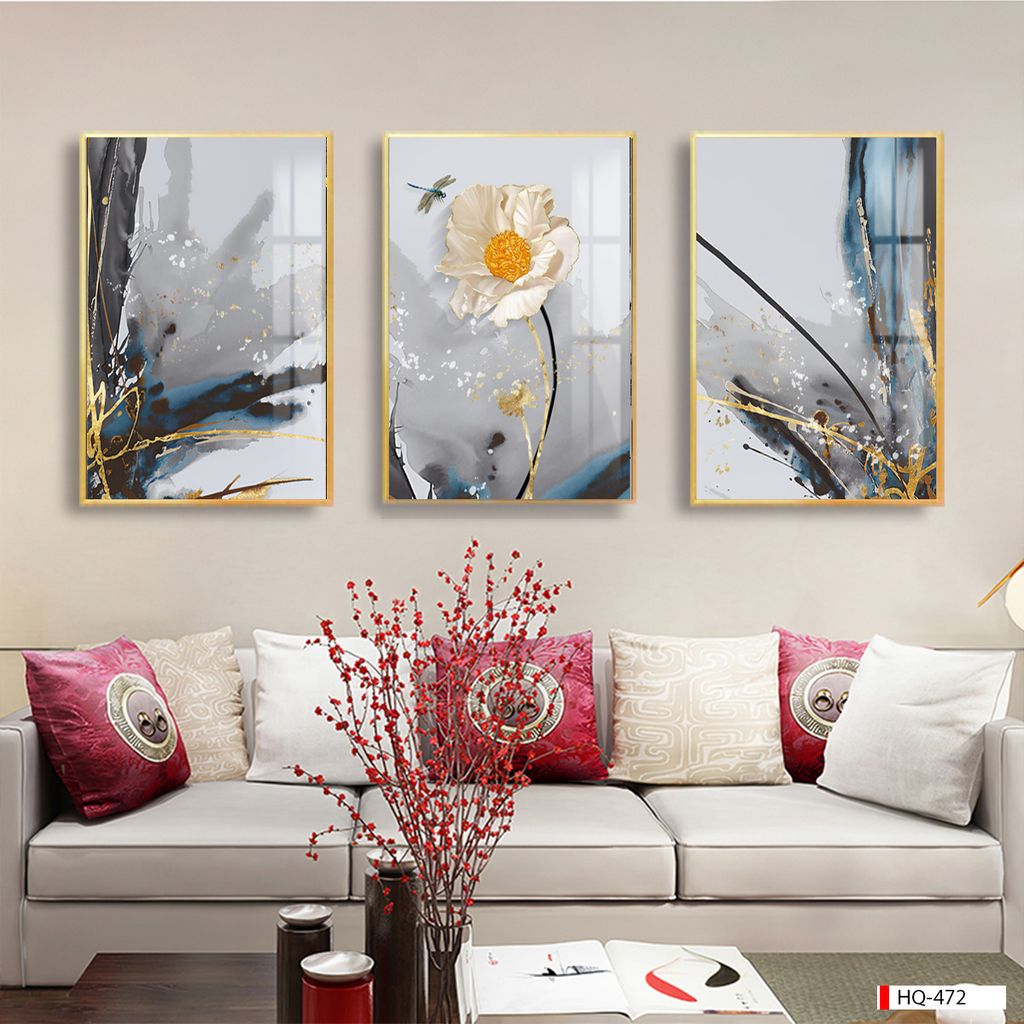 TRANH TREO TƯỜNG PHÒNG KHÁCH, PHÒNG ĂN - TRANH TREO BÌNH HOA GHÉP BỘ 3 BỨC| MÃ HQ-472