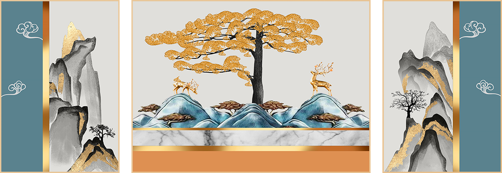 TRANH TREO TƯỜNG PHÒNG KHÁCH - TRANH HƯƠU TÀI LỘC GHÉP BỘ 3 BỨC | MÃ J-038