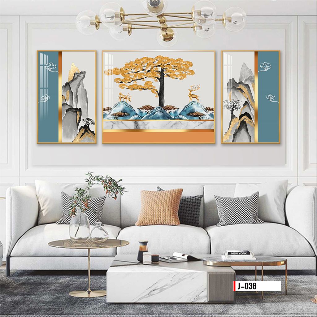 TRANH TREO TƯỜNG PHÒNG KHÁCH - TRANH HƯƠU TÀI LỘC GHÉP BỘ 3 BỨC | MÃ J-038