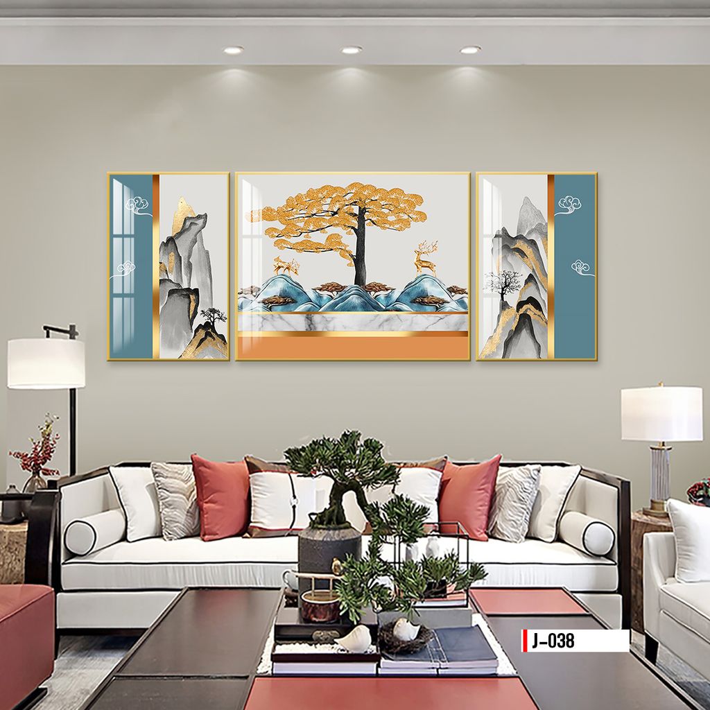 TRANH TREO TƯỜNG PHÒNG KHÁCH - TRANH HƯƠU TÀI LỘC GHÉP BỘ 3 BỨC | MÃ J-038