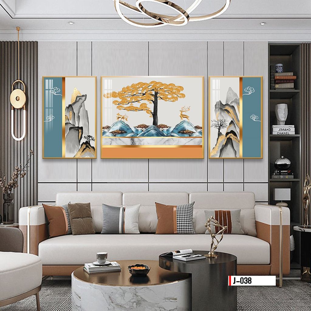 TRANH TREO TƯỜNG PHÒNG KHÁCH - TRANH HƯƠU TÀI LỘC GHÉP BỘ 3 BỨC | MÃ J-038