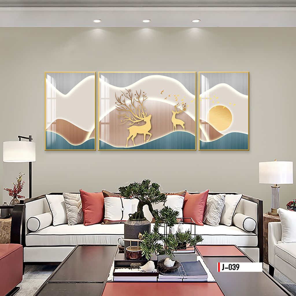 TRANH TREO TƯỜNG PHÒNG KHÁCH - TRANH HƯƠU TÀI LỘC GHÉP BỘ 3 BỨC | MÃ J-039