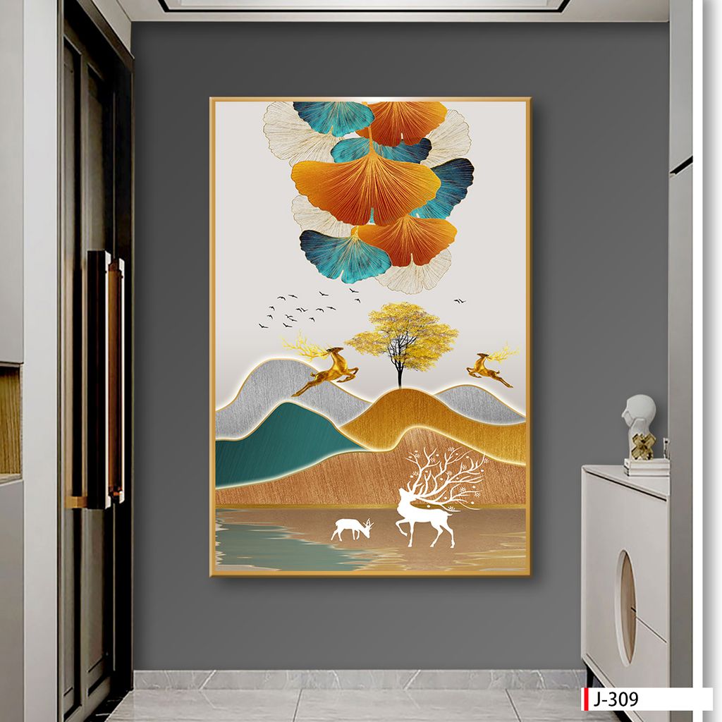 BST62 - TRANH TREO TƯỜNG - TRANG TRÍ PHÒNG NGỦ - CHỦ ĐỀ HƯƠU TÀI LỘC HIỆN ĐẠI, LÁ BẠCH QUẢ - TRANH ĐƠN DỌC