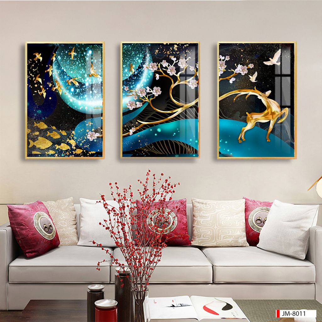 TRANH TREO TƯỜNG PHÒNG KHÁCH - TRANH HƯƠU TÀI LỘC GHÉP BỘ 3 BỨC | MÃ JM-8011