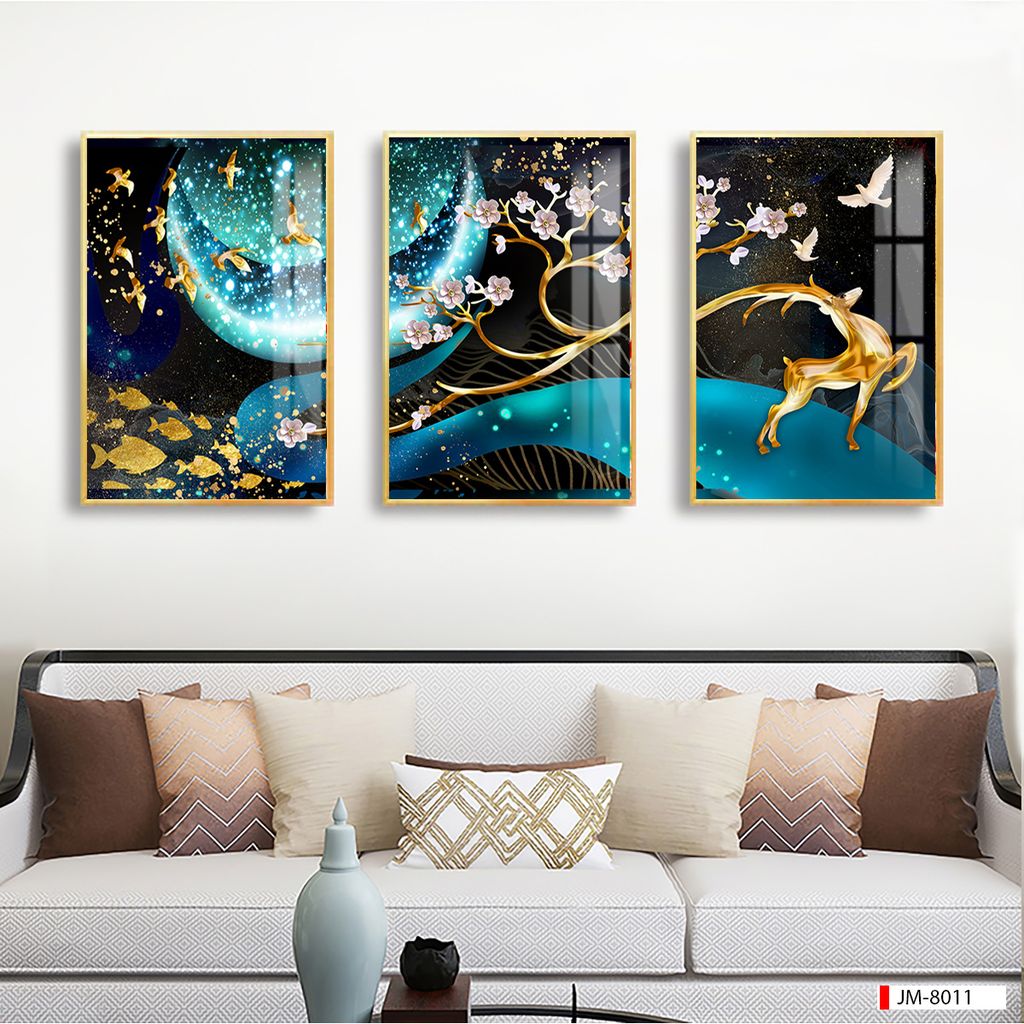 TRANH TREO TƯỜNG PHÒNG KHÁCH - TRANH HƯƠU TÀI LỘC GHÉP BỘ 3 BỨC | MÃ JM-8011