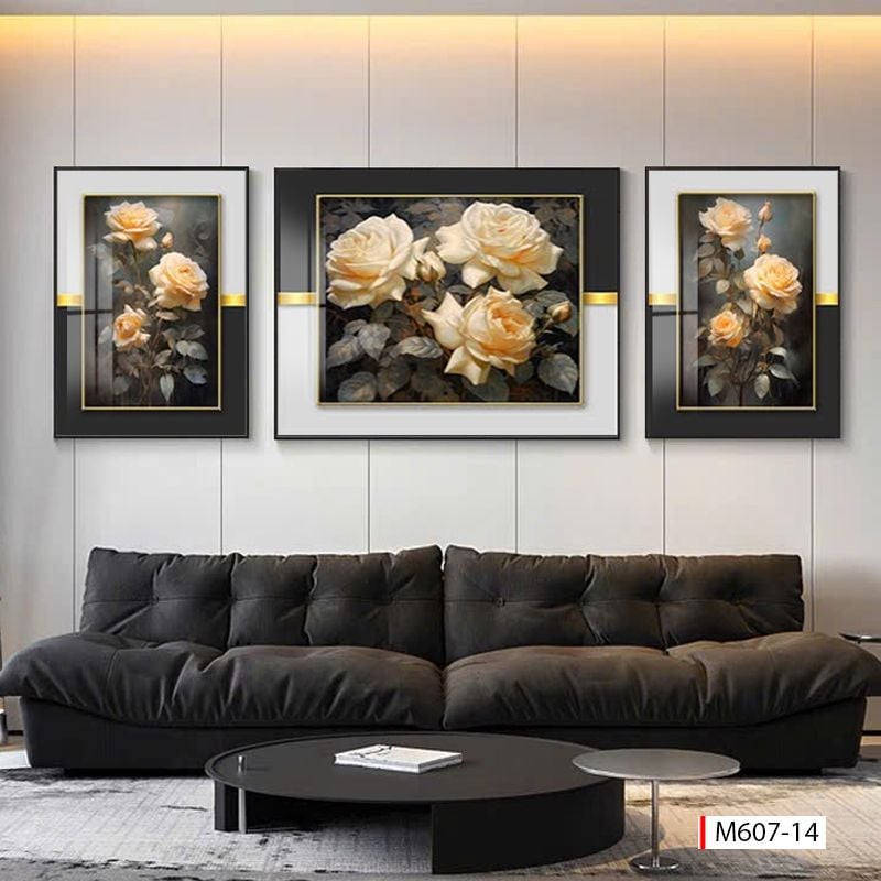 BST 717 - TRANH TREO PHÒNG KHÁCH - TRANH TRANG TRÍ - TRANH TREO TƯỜNG HOA - BÌNH HOA - KIỂU TRANH GHÉP BỘ 3 BỨC