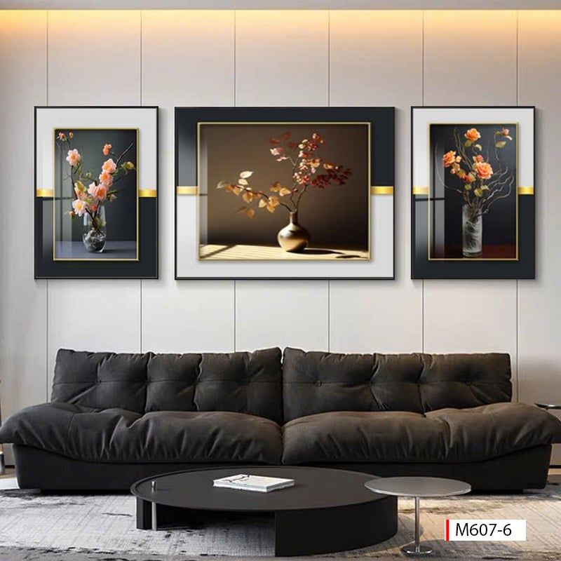BST 717 - TRANH TREO PHÒNG KHÁCH - TRANH TRANG TRÍ - TRANH TREO TƯỜNG HOA - BÌNH HOA - KIỂU TRANH GHÉP BỘ 3 BỨC