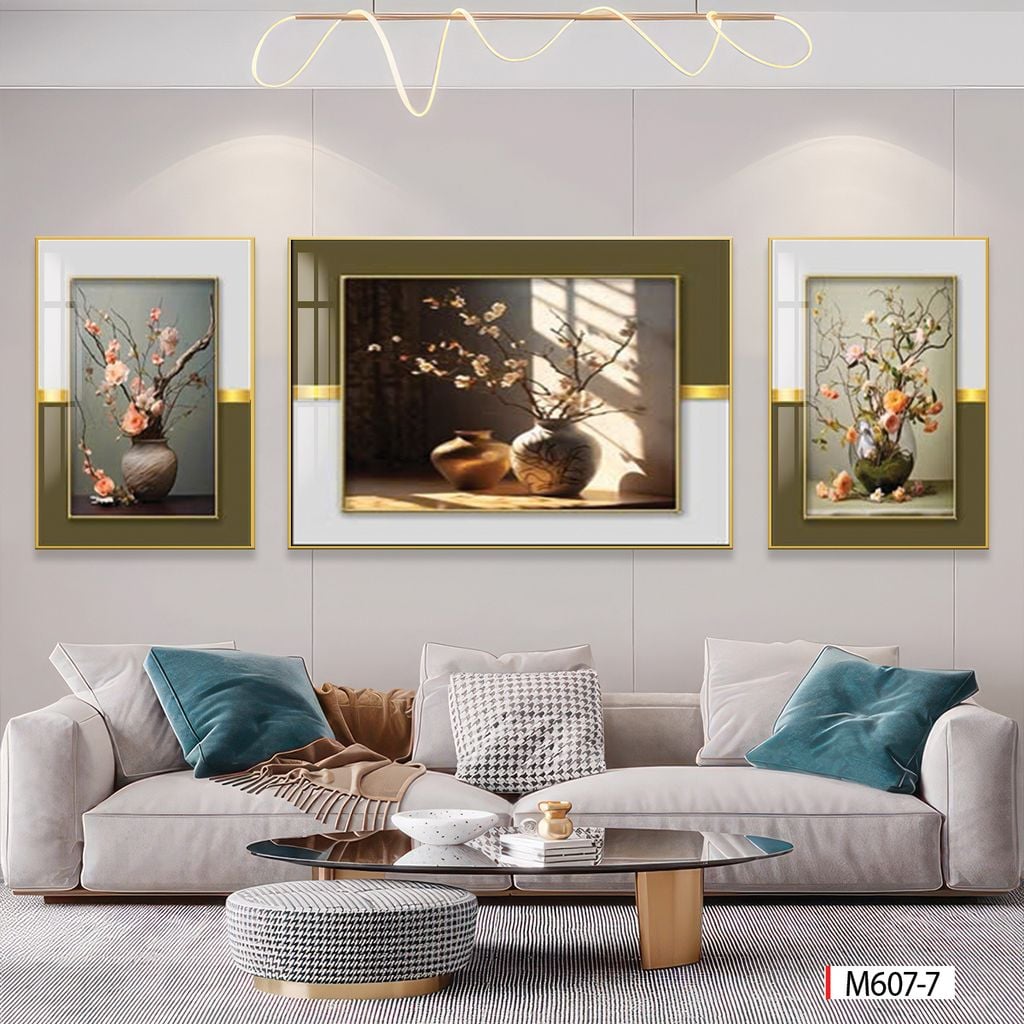 BST 717 - TRANH TREO PHÒNG KHÁCH - TRANH TRANG TRÍ - TRANH TREO TƯỜNG HOA - BÌNH HOA - KIỂU TRANH GHÉP BỘ 3 BỨC