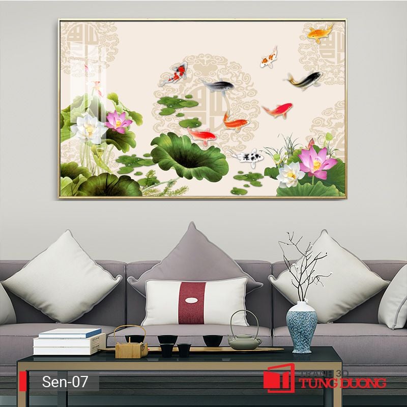 TRANH TREO TƯỜNG PHÒNG KHÁCH KHỔ LỚN - TRANH HOA SEN CÁ CHÉP | MÃ Sen-07