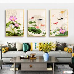 TRANH TREO TƯỜNG PHÒNG KHÁCH - TRANH HOA SEN CÁ CHÉP - TRANH GHÉP BỘ 3 BỨC | MÃ SEN-07