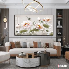 BST58 - TRANH TREO TƯỜNG - PHÒNG KHÁCH, SAU SOFA - CHỦ ĐỀ HOA SEN CÁ CHÉP - KHỔ LỚN