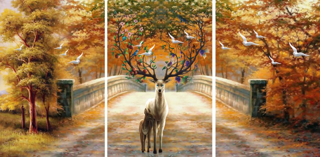 TRANH TREO TƯỜNG PHÒNG KHÁCH - TRANH HƯƠU TÀI LỘC GHÉP BỘ 3 BỨC | MÃ SLH-2264