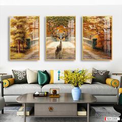 TRANH TREO TƯỜNG PHÒNG KHÁCH - TRANH HƯƠU TÀI LỘC GHÉP BỘ 3 BỨC | MÃ SLH-2264