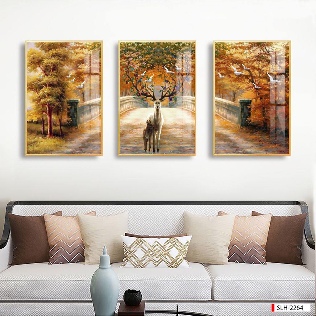 TRANH TREO TƯỜNG PHÒNG KHÁCH - TRANH HƯƠU TÀI LỘC GHÉP BỘ 3 BỨC | MÃ SLH-2264