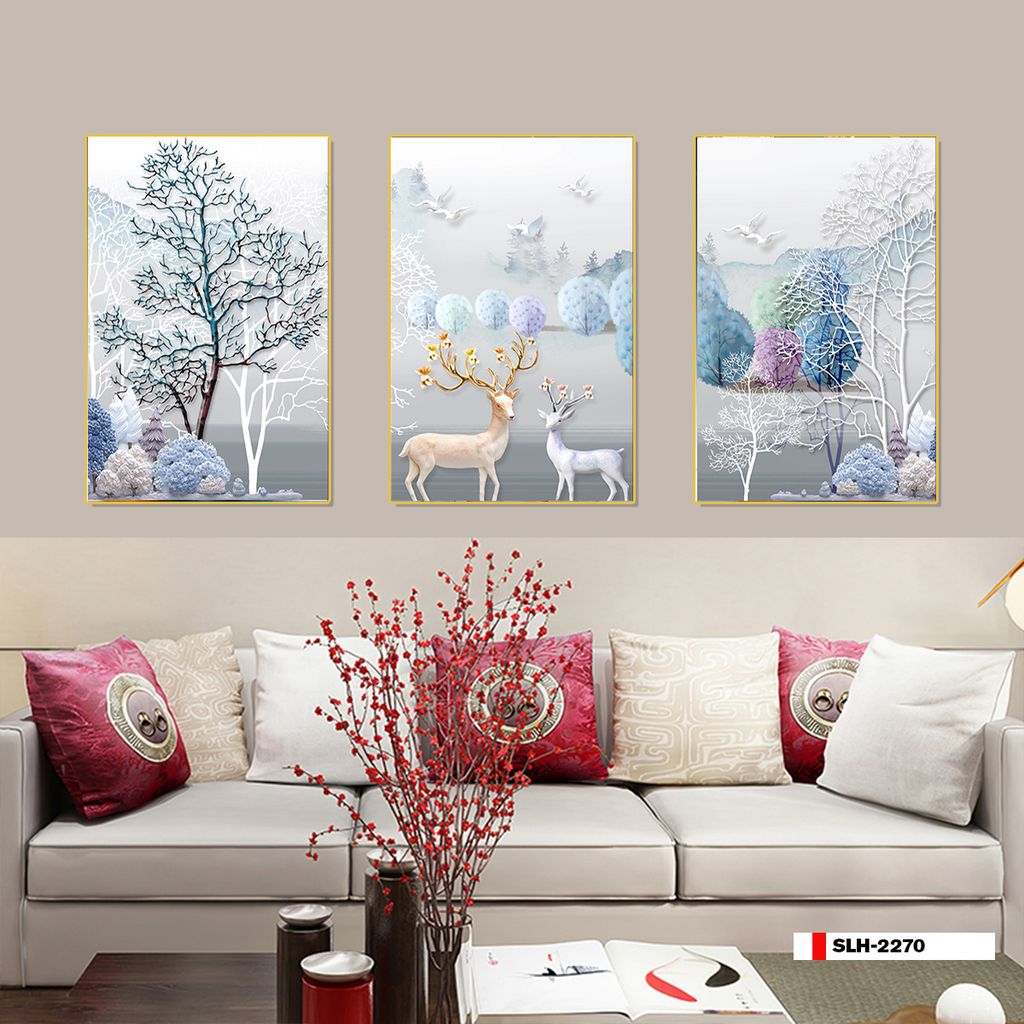 TRANH TREO TƯỜNG PHÒNG KHÁCH - TRANH HƯƠU TÀI LỘC GHÉP BỘ 3 BỨC | MÃ SLH-2270