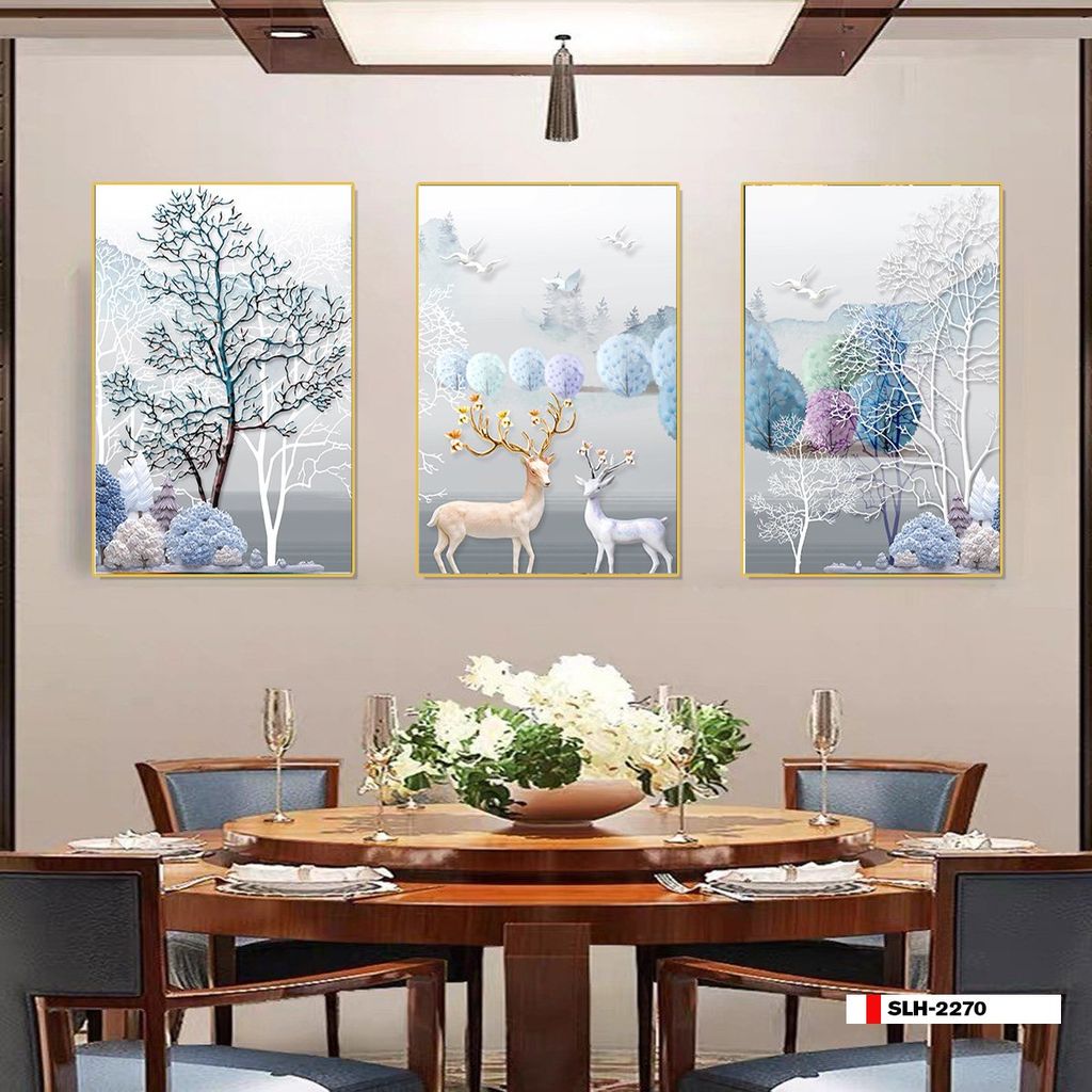 TRANH TREO TƯỜNG PHÒNG KHÁCH - TRANH HƯƠU TÀI LỘC GHÉP BỘ 3 BỨC | MÃ SLH-2270