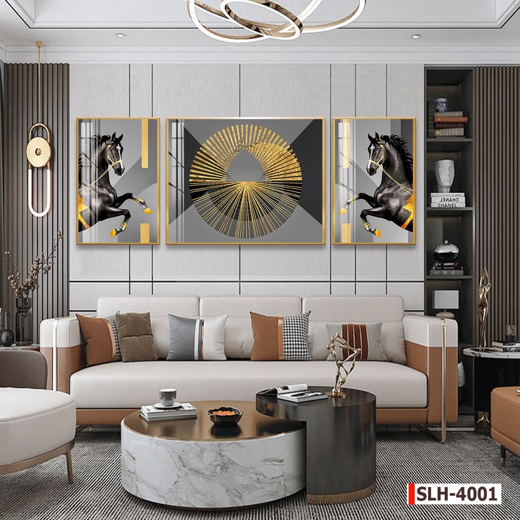 BST45 - TRANH TREO TƯỜNG KHUNG HỢP KIM TITAN - TRANG TRÍ PHÒNG KHÁCH, VÁCH TIVI - CHỦ ĐỀ NGỰA HIỆN ĐẠI - GHÉP BỘ 3 BỨC