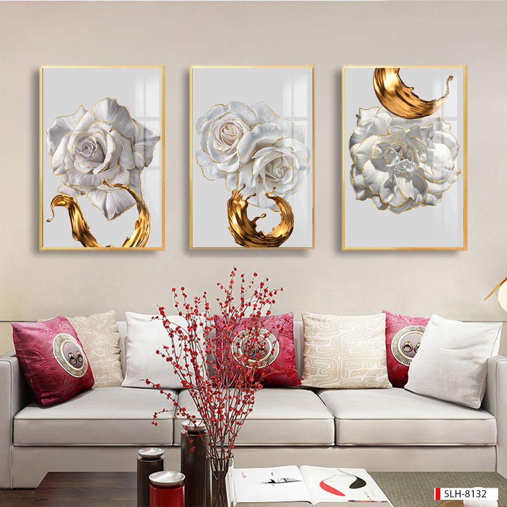TRANH TREO TƯỜNG PHÒNG KHÁCH, PHÒNG ĂN - TRANH TREO BÌNH HOA GHÉP BỘ 3 BỨC | MÃ SLH-8132