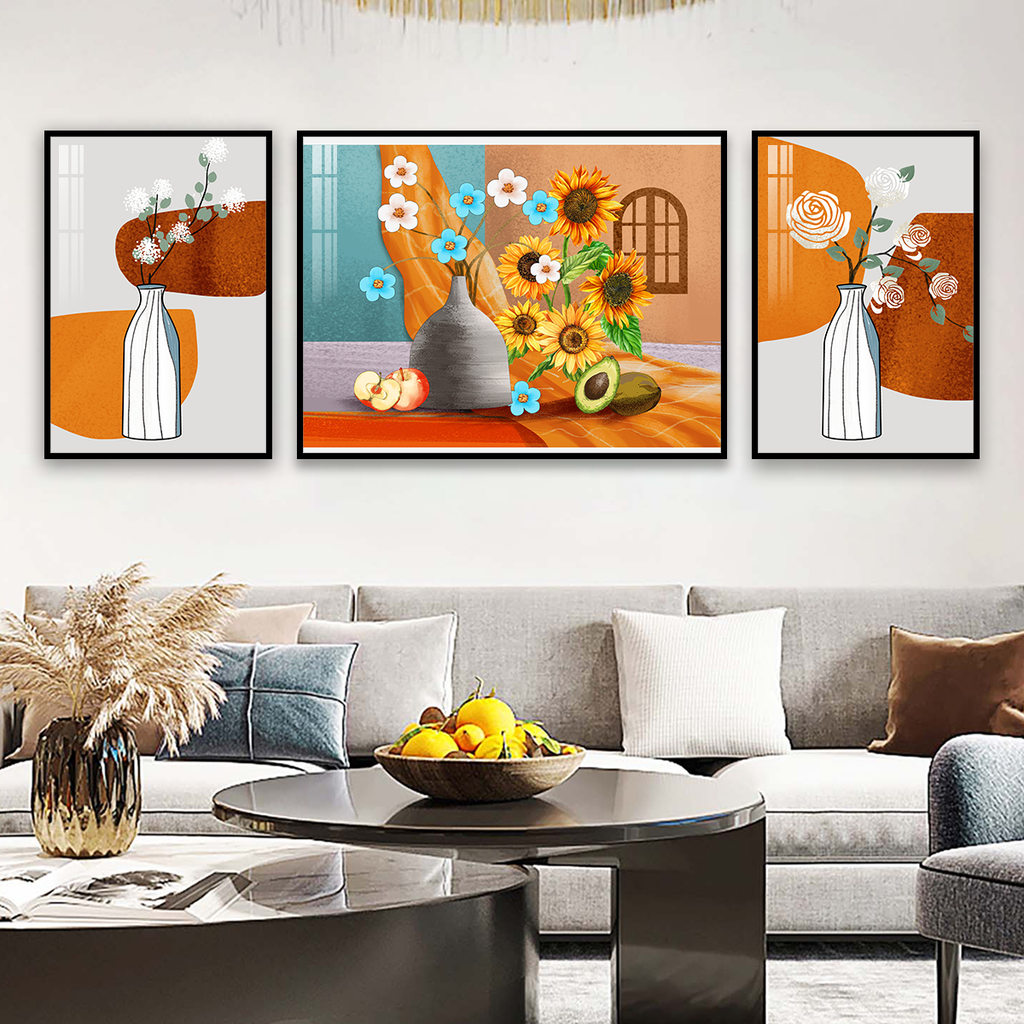 TRANH TREO TƯỜNG PHÒNG KHÁCH - TRANH BÌNH HOA GHÉP BỘ 3 BỨC | MÃ SLH-9011