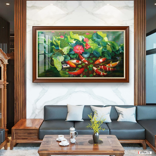 TRANH TREO TƯỜNG - PHÒNG KHÁCH, SAU SOFA - CHỦ ĐỀ HOA SEN CÁ CHÉP - KHỔ LỚN - MÃ: STTV4-73