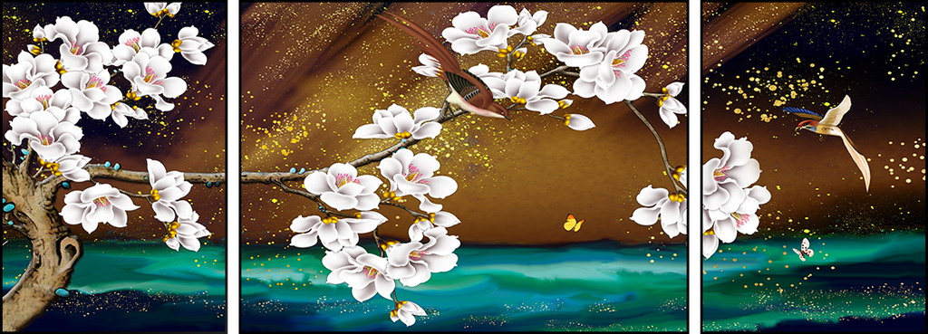 TRANH TREO TƯỜNG PHÒNG KHÁCH - TRANH HOA 3D GHÉP BỘ 3 BỨC | MÃ T2HD09