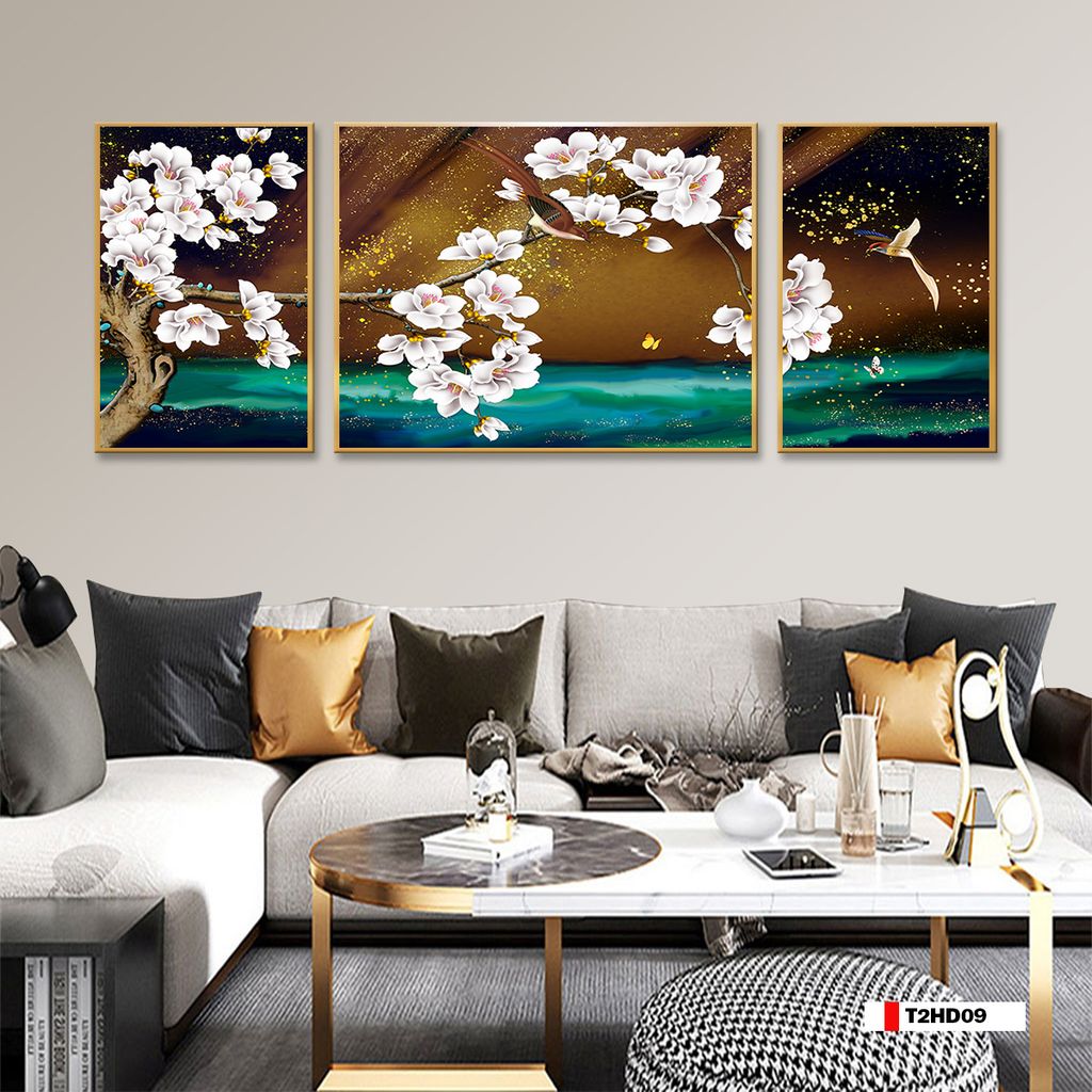 TRANH TREO TƯỜNG PHÒNG KHÁCH - TRANH HOA 3D GHÉP BỘ 3 BỨC | MÃ T2HD09