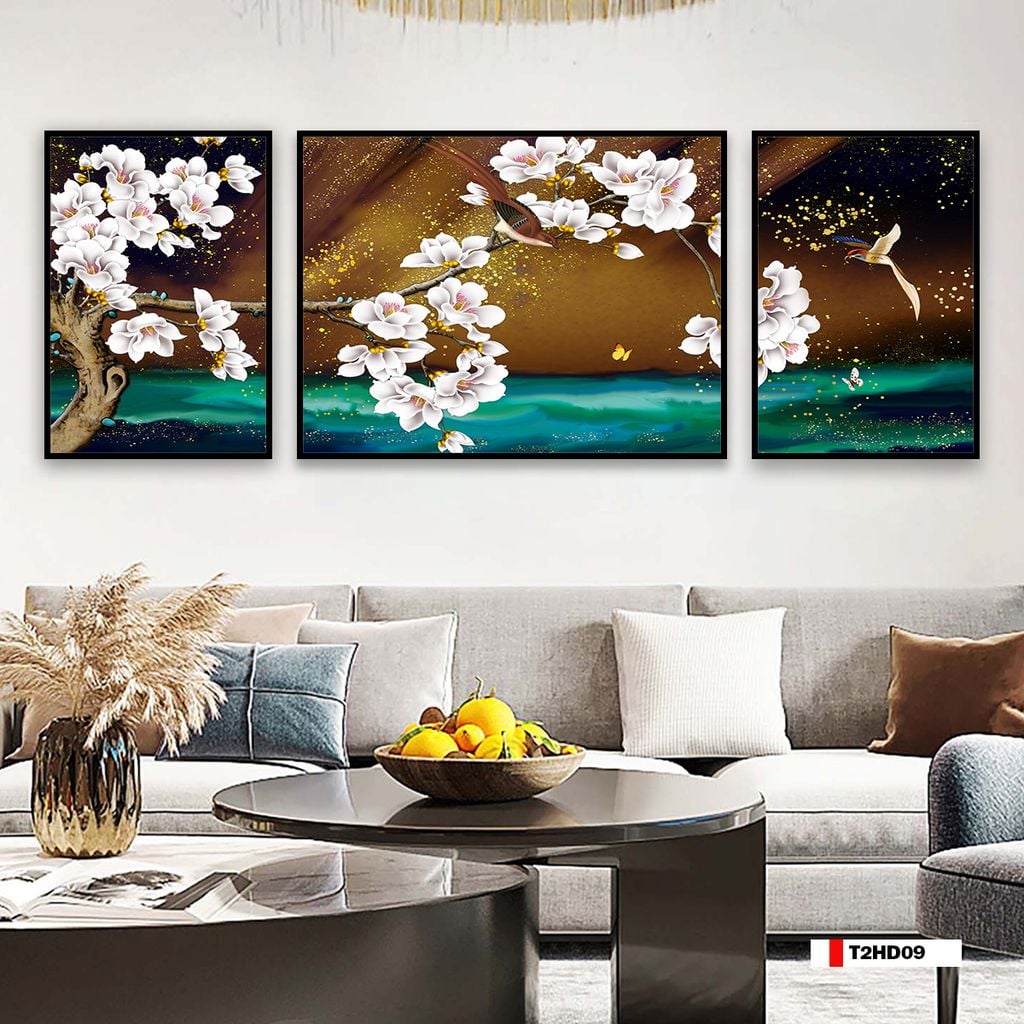 TRANH TREO TƯỜNG PHÒNG KHÁCH - TRANH HOA 3D GHÉP BỘ 3 BỨC | MÃ T2HD09